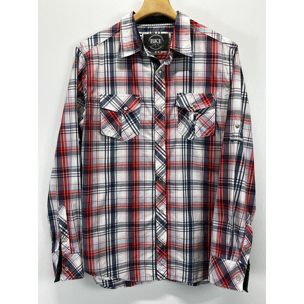 BKE Buckle Bartlett Pearl Snap Western Shirt Mens L Plaid Slim Fit Cowboy